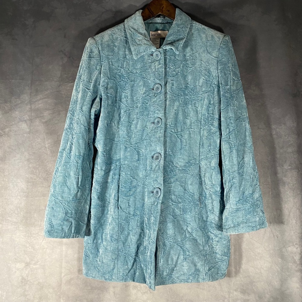 Lana Lee Blue Embossed Floral Button Front Jacket Pockets Womens Size 14 Vintage